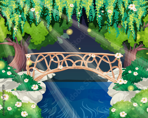 Enchanted garden scene with stone bridge