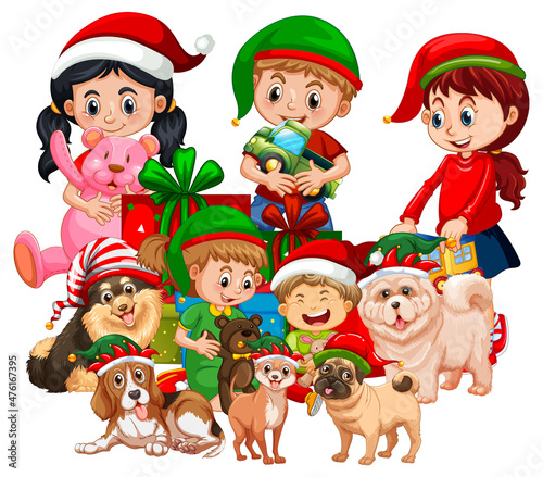 Children and dogs in Christmas theme
