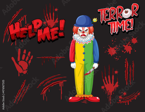 Creepy clown with set of blood spatter and blood hand print