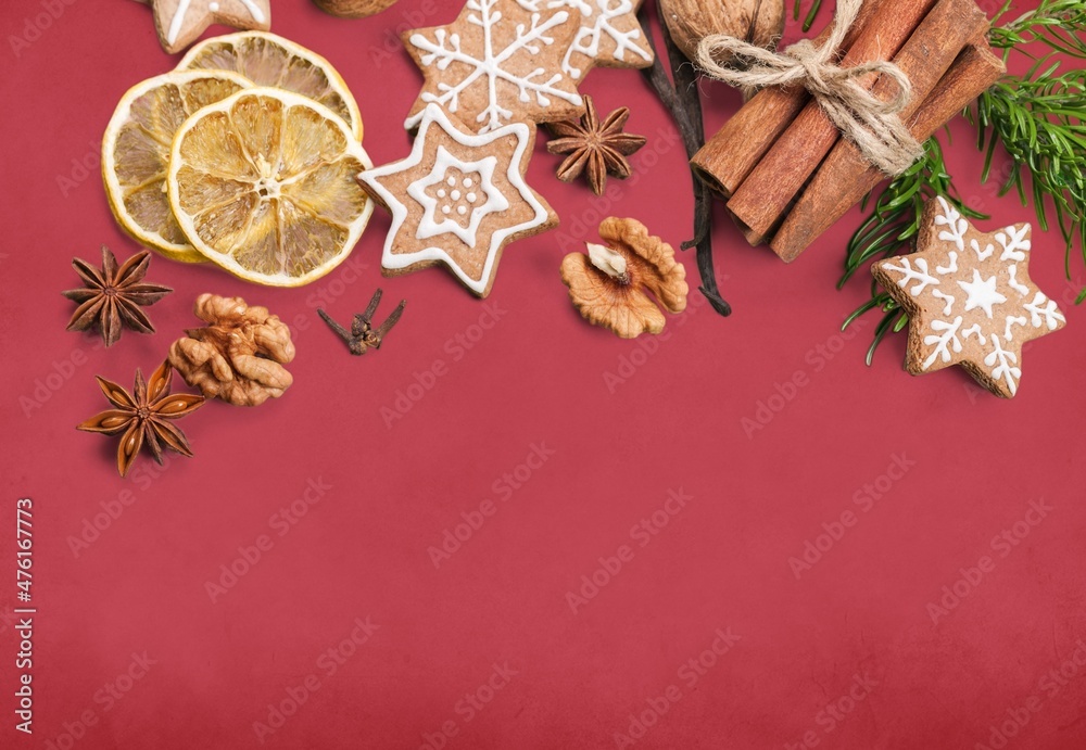 Christmas cookies and decorations on red background. Christmas cookies and decorations on red background.