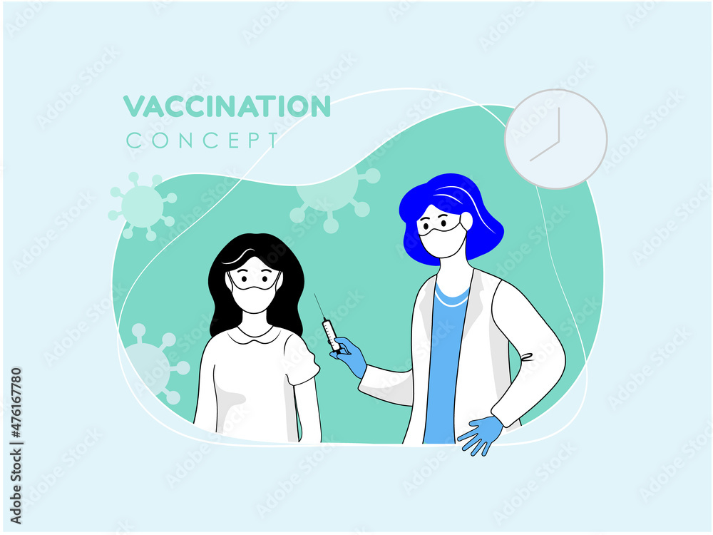 A nurse gives a vaccine to a young woman. Vaccination in the arm. Vector illustration concept of vaccination for adults. A nurse gives a vaccine to a young woman. Vaccination in the arm. Vector illustration concept of vaccination for adults.