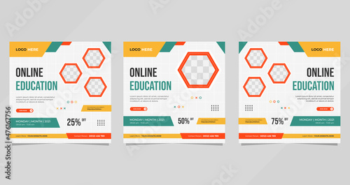 Set of social media post template with geometric background and hexagon frame for Online Education