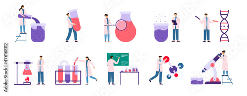 Science lab people concept set. Chemistry, biology, medical laboratory research characters collection. Microscope, dna, scientific study, reactions, analyses, tests. Isolated vector stock illustration