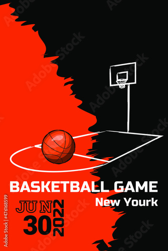 vector illustration of a basketball game ticket, tournament, basketball league. basketball court and ball. black and orange color.