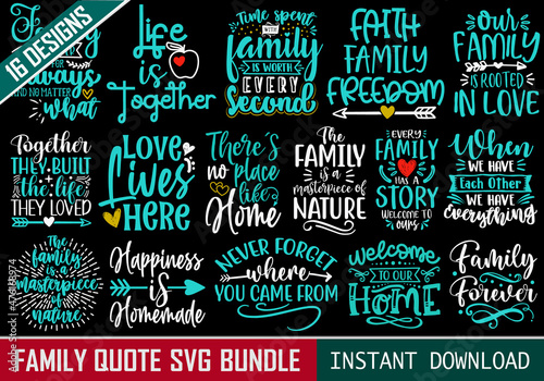 Set of colorful Family quote typography SVG cut files with black background