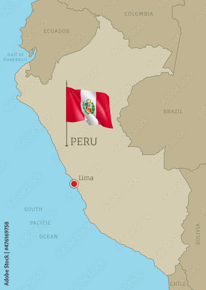 Vecteur Stock Highly detailed Peruvian map with flag and labelings
