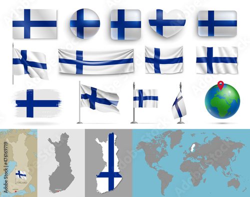 Finland flags of various shapes and country map set. Realistic Finnish flags, glossy buttons in patriotic colors, geographic map and globe with identification pin vector illustration