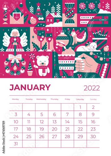 Holiday wall calendar concept with colorful illustration