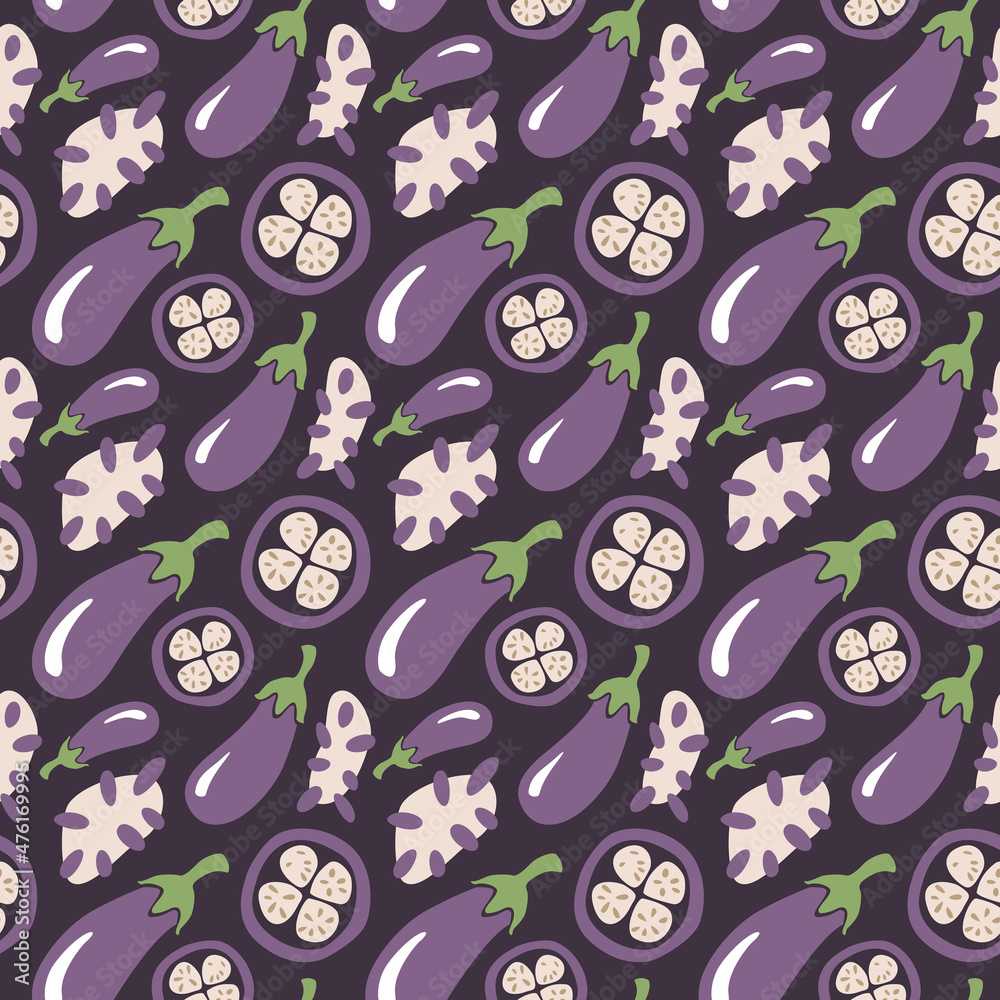 Cute eggplant seamless pattern. Whole vegetables and slices. Flat vector hand drawn illustration in cartoon style Cute eggplant seamless pattern. Whole vegetables and slices. Flat vector hand drawn illustration in cartoon style