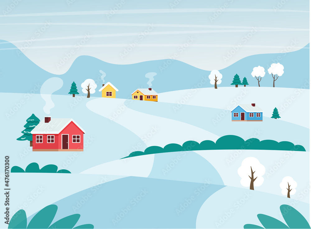 Winter rural landscape with fields, houses and trees. Vector flat illustration