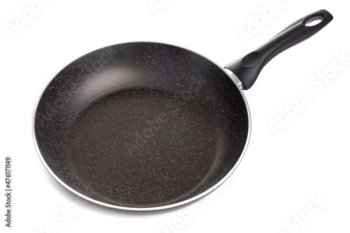 empty frying pan with non-stick coating and black handle on white background