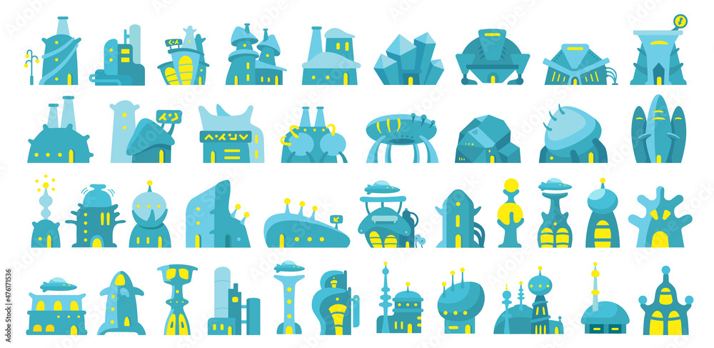 Fantastic buildings. Big icon set. The future alien architecture. Game kit. Fantastic buildings. Big icon set. The future alien architecture. Game kit.