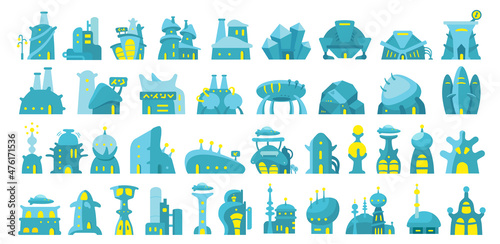 Fantastic buildings. Big icon set. The future alien architecture. Game kit.