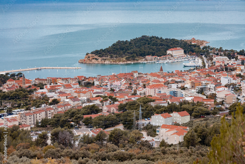 Panorama of the city of Makarska in Dalmatia, viewed from Biokovo mountain on a cold winter day. Picturesque views from above