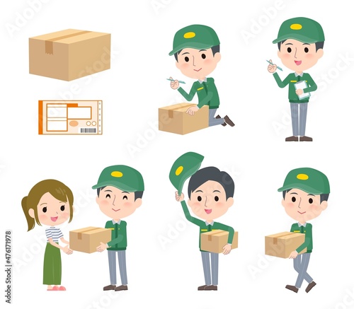 荷物を受け渡す運送配達員男性のセット