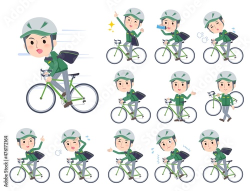 ロードバイクに乗った運送配達員男性のセット