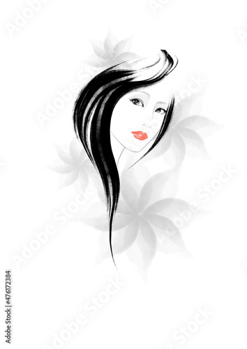 美しい女性のイラスト　水墨画　ポートレイト　白黒