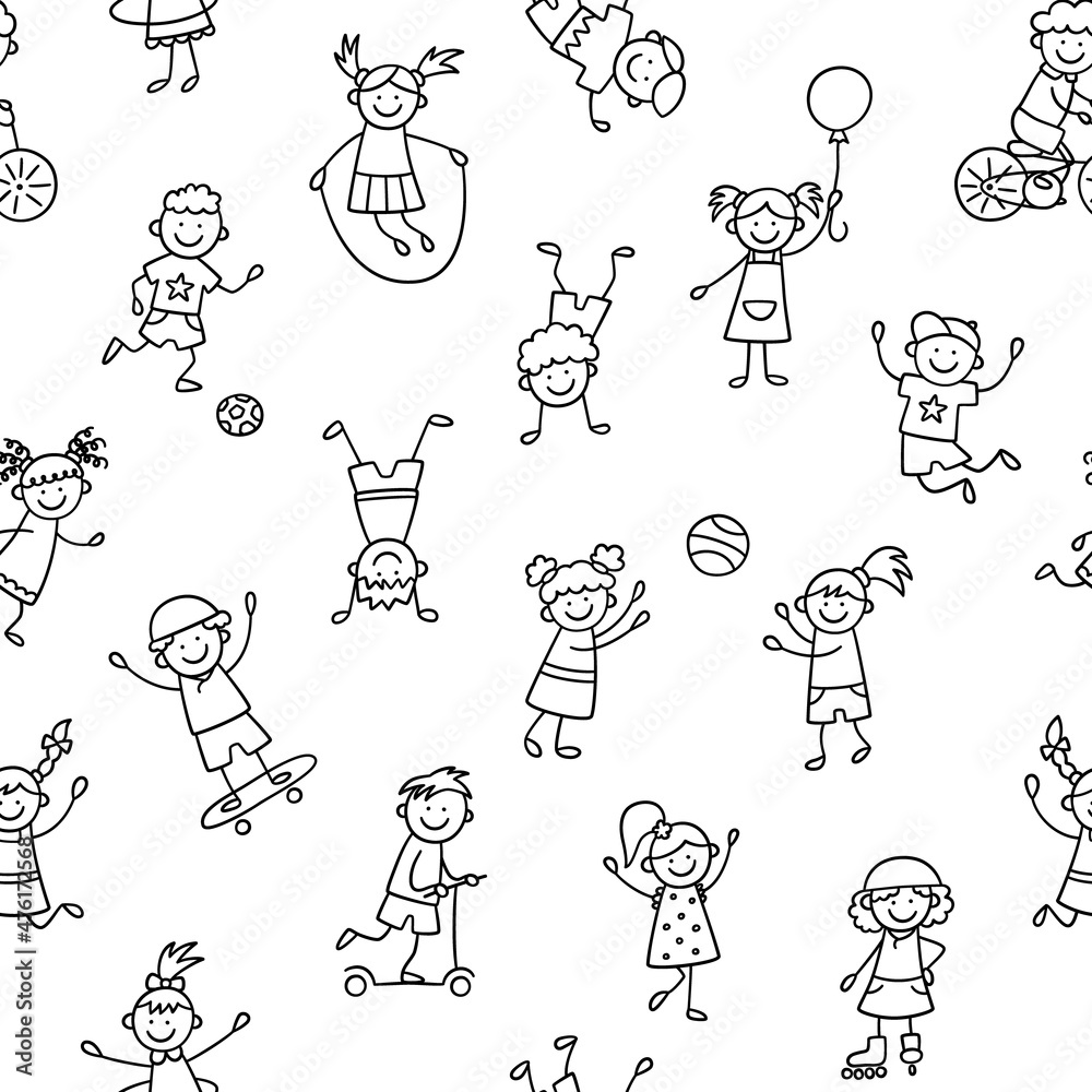 Seamless pattern with doodle children. Hand drawn funny little kids play, run and jump. Cute children drawing. Vector illustration in doodle style on white background.