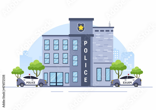 Police Station Department Building with Policeman and Police Car in Flat Style Background Illustration