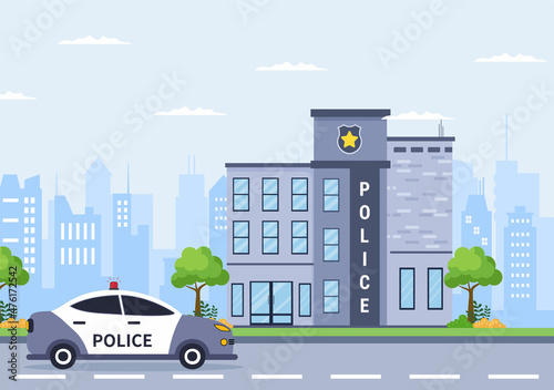 Police Station Department Building with Policeman and Police Car in Flat Style Background Illustration
