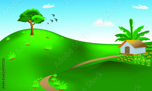 Vector of a tree grown on the mountains against a blue sky. Illustration of rural village, hut, banana tree, flower garden, hills and narrow muddy road. 