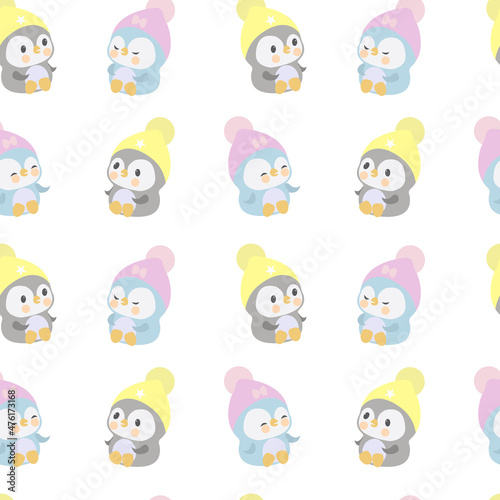 Cute cartoon baby penguins  colorful vector seamless pattern.