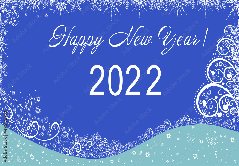 Happy New Year 2022 beautiful background with snowflakes. Banner. Original abstract design template digital vector illustration. Greeting card, cover
