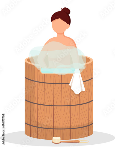 Woman wearing bath towel sits on wooden bench at hot steam sauna. Relaxing and wellness in finnish, russian bath or spa center. Warm therapy female hot steam in sauna bathing character in bathhouse