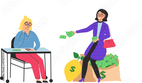 Richness and poverty. Rich happy woman sits on money bag, poor woman counts savings on calculator. Financial success concept with cartoon thrifty person and wealthy lady. Financial superiority