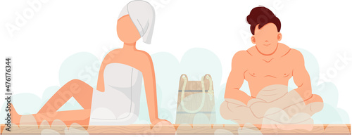 Cartoon people characters taking steam bath together. Flat vector illustration. Woman and man enjoying baths and steam, hammam with sauna whisk. Relax, health, bathhouse concept, wellness procedure