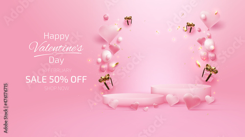 Pink podium for product display with valentine's day elements and banner template.