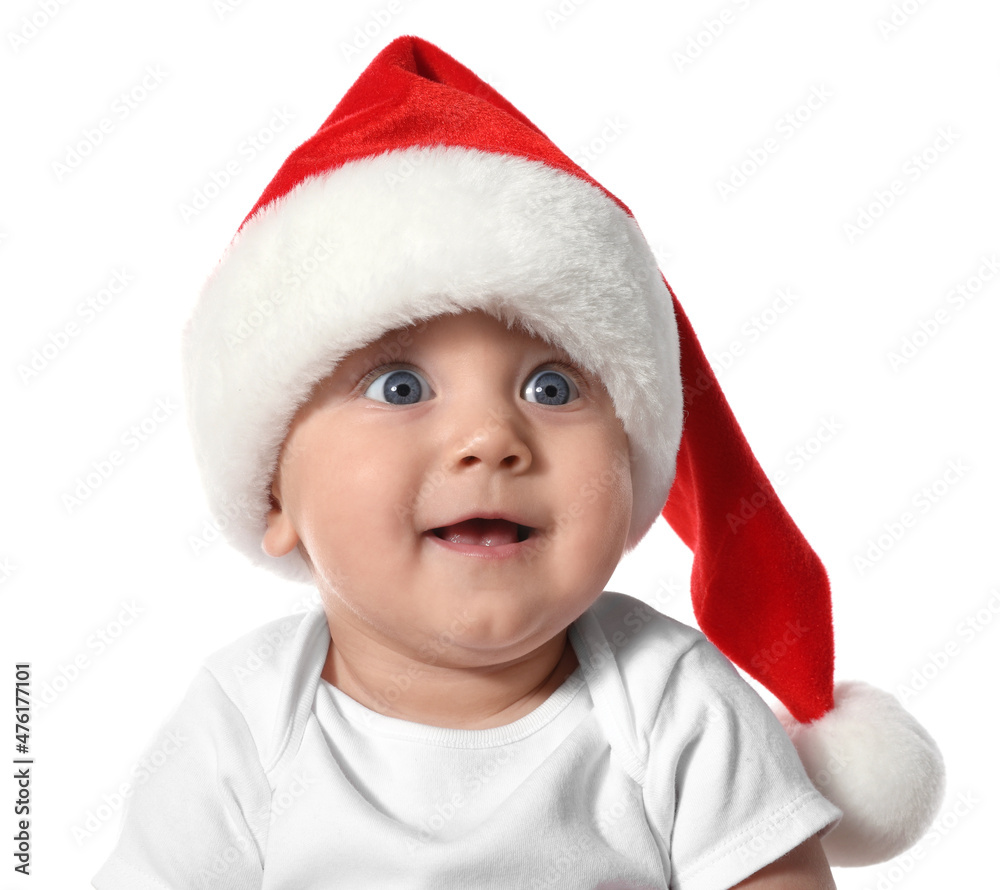 Cute baby in Santa hat on white background. Christmas celebration Cute baby in Santa hat on white background. Christmas celebration