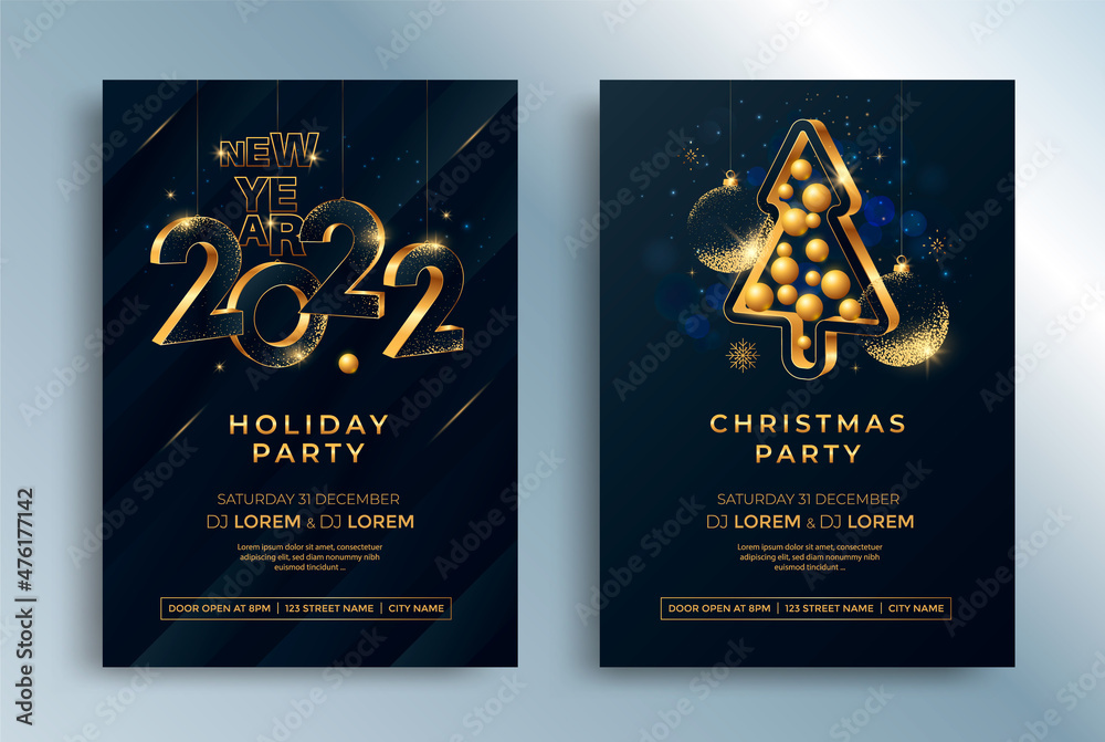 Happy New Year 2022 gold numbers typography greeting card design on dark background. Merry Christmas invitation poster with golden decoration elements. - obrazy, fototapety, plakaty 
