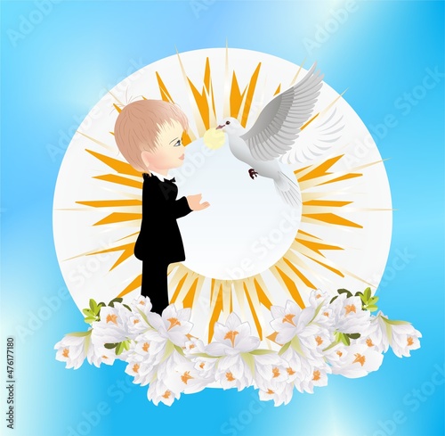 background with a boy and the distinctive symbols of holy communion
