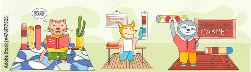 Design a new carpet. Cartoon character in childrens room with different rugs scenes set. Concept of choosing new carpet. Animal equips apartment, decorates, selects design for room and flooring
