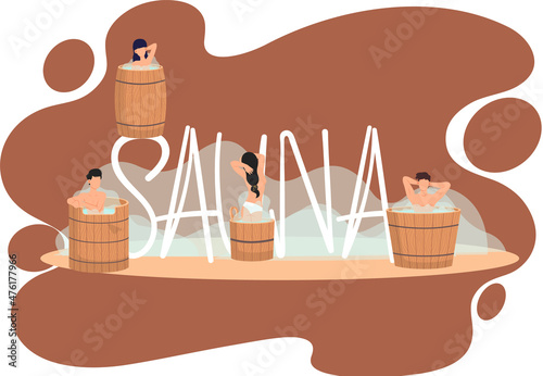 Sauna or SPA center banner template with happy people bathing in Finnish sauna or Russian bath. Cartoon vector for advertising. Relaxation in steam banya or hot sauna, wellness procedure health care