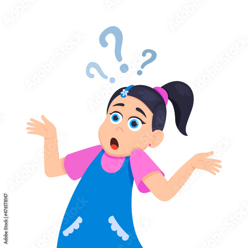 Little doubt girl kid asking question flat style design vector illustration isolated on white background. Cute girl thinking about something and question mark flies above her asking concept.