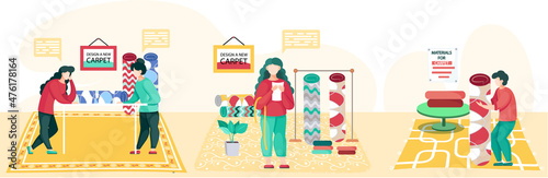 Manufacture of carpets. People working on design of new carpet, interior shop scenes set. Designers stand near table with rug in room with rolled carpets, choose materials, commercial textile factory