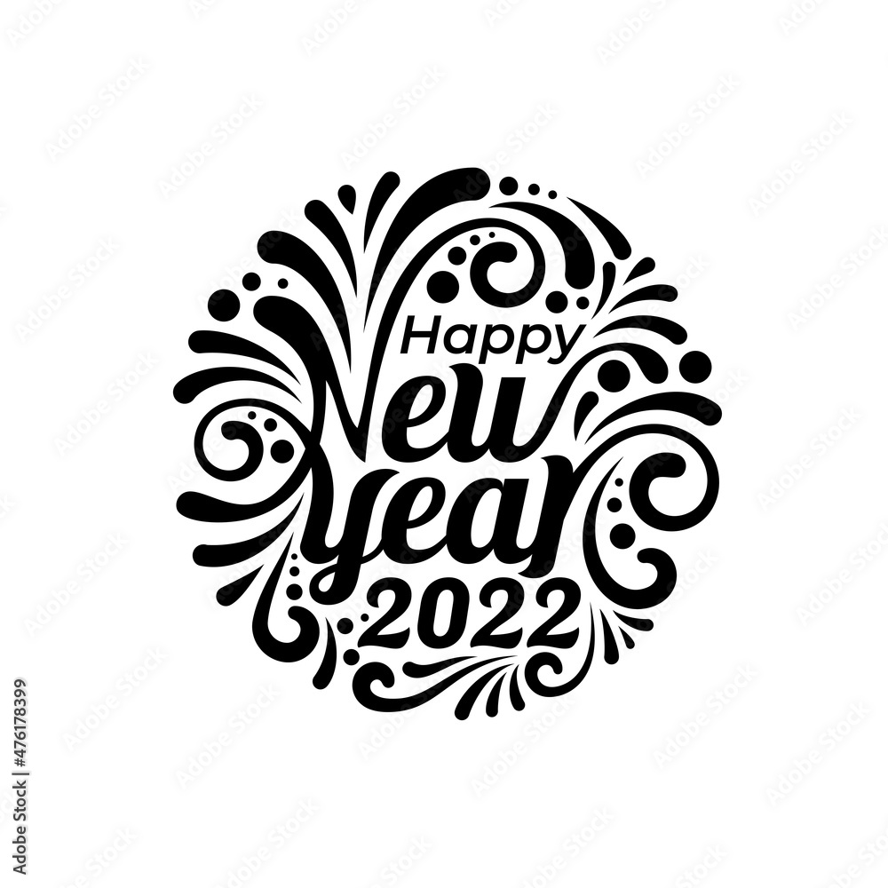 happy new year 2022 greeting in black and white and floral elements.