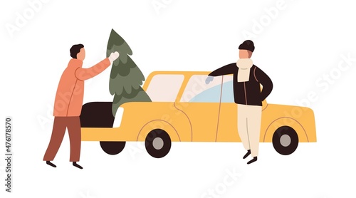 People buying and loading Christmas tree in pickup car. Family shopping for real live Xmas firtree on winter holidays. Buyers and festive spruce. Flat vector illustration isolated on white background