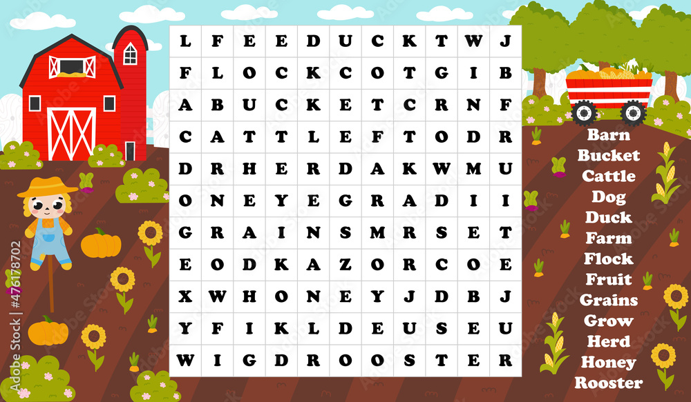 Printable worksheet word search with farm barn and scarecrow with ...