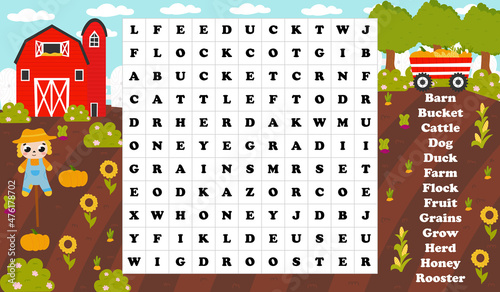 Printable worksheet word search with farm barn and scarecrow with garden with harvest of pumpkin