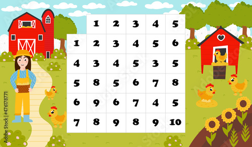 Printable math labyrinth for kids in cartoon style with farmer girl and barn, chickens, help to find way to henhouse
