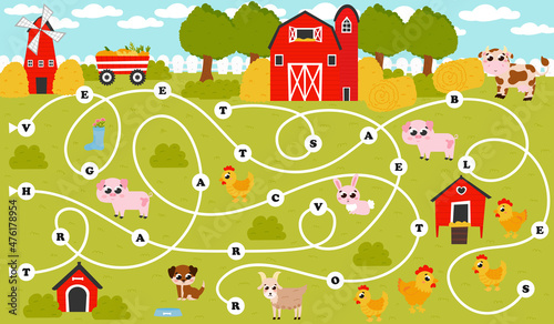 Word maze game for kids with farming themed tangled road, printable worksheet for english lessons, logical puzzle