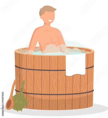 Young man sitting in tub washing his body in sauna. Bathhouse or banya isolated. Guy in barrel is resting in sauna. Male character in hot steam. Wellness spa procedures in wooden water barrel