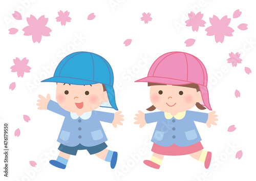 カラー帽子の園児と桜