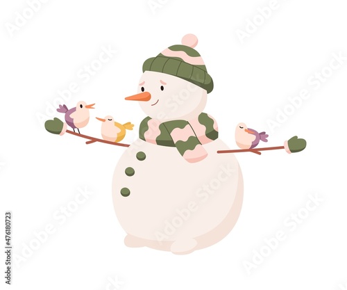 Cute snowman with birds on twig arms. Winter holiday snowy character with hap...