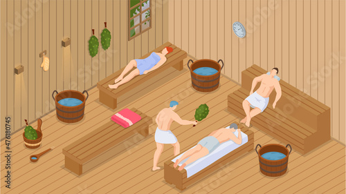 Sauna and steam room. Set of people in sauna. People relax and steam with birch brooms in traditional russian stove for female and male. Finnish bathhouse. Public sauna, Friends in spa resort