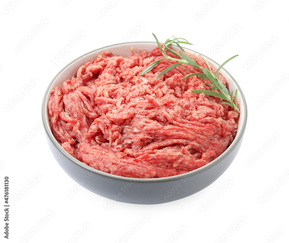 Fresh minced meat and rosemary in bowl on white background Fresh minced meat and rosemary in bowl on white background