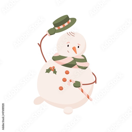 Cute snowman greeting by hat tip gesture. Christmas snowy character with cand...